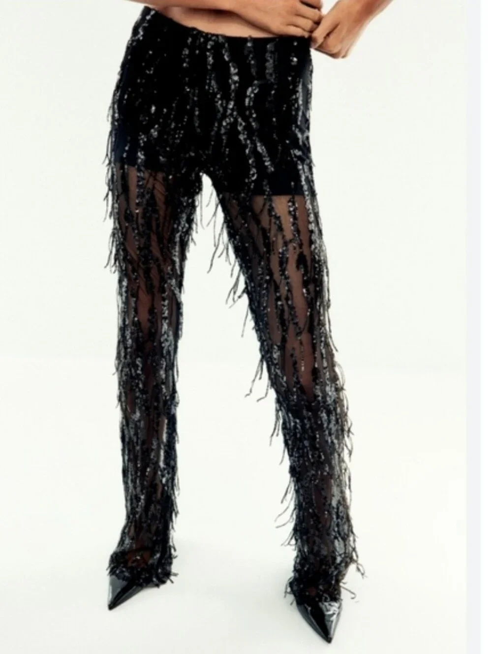 Zara SEQUIN FRINGED FLARE PANTS LEGGINGS BLACK SIZE L